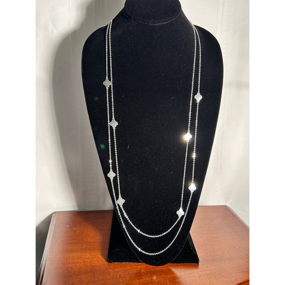 Silver Tone Double Strand Long Station Necklace Dainty Clover Motifs 41 Inch - Picture 2 of 5